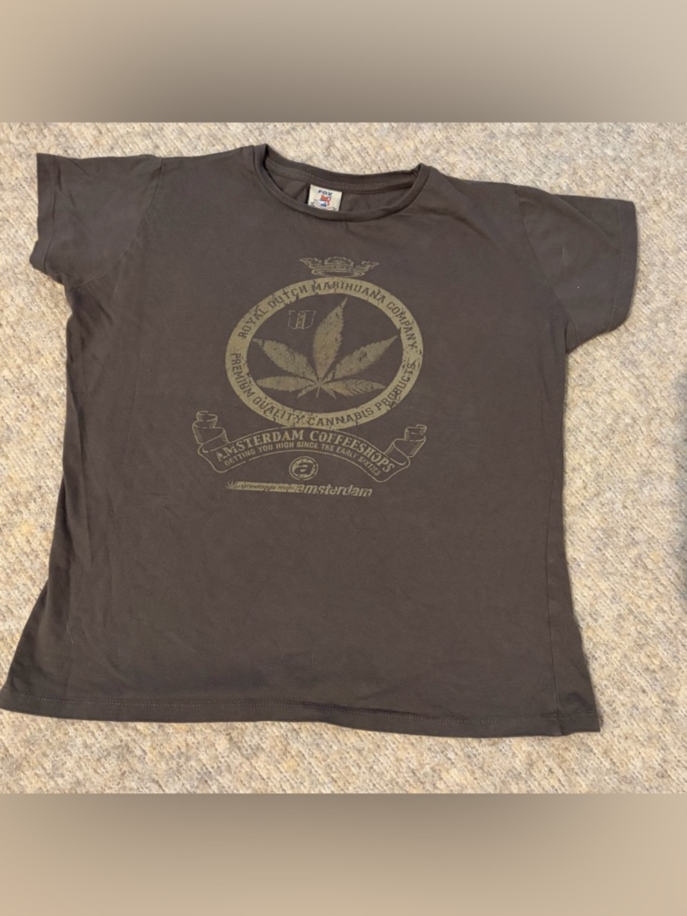 FOX Graphic Tee Y2k Amsterdam Cannabis Coffee Shop Olive Baby Tee-Size Medium
